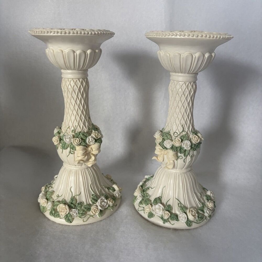 Lillian Rose Candle Holders Floral Rose Garden Hand Painted  Pair